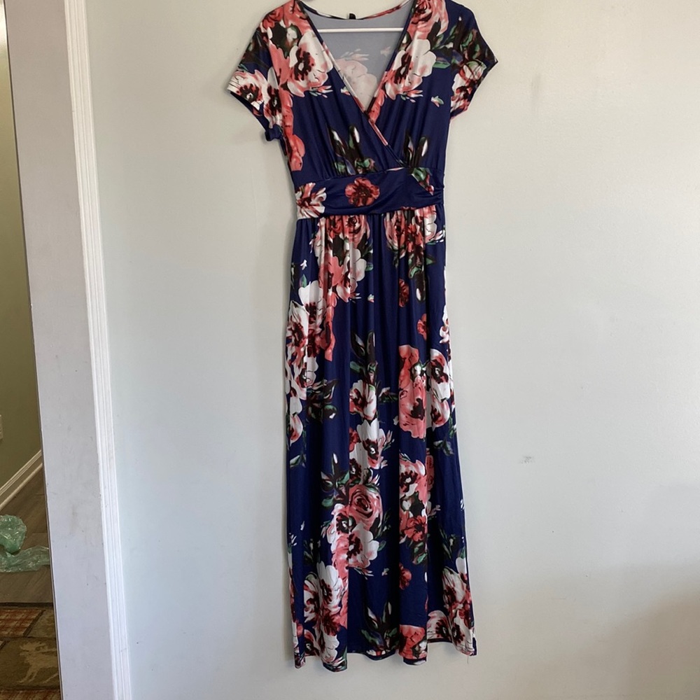 Navy maxi dress with pink flowers